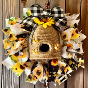 Rag Wreath - Sunflower Beehive 8”